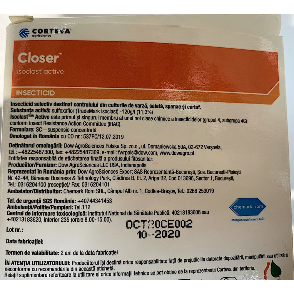 Closer 2 Ml Insecticid Sistemic Corteva/Dowagroscience (Varza, Salata, Spanac, Brocoli, Conopida, Cartof)