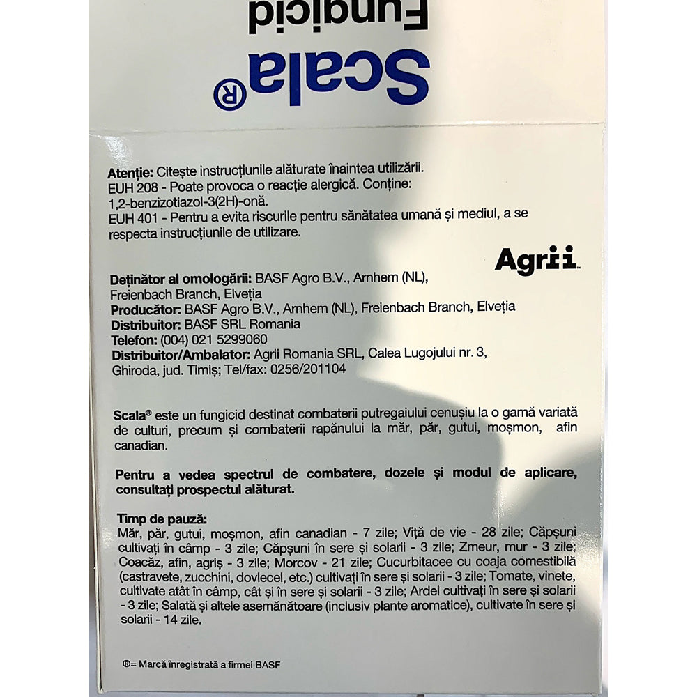 Scala 20 Ml, Fungicid De Contact, Basf, Rapan (Mar, Par, Gutui, Mosmon), Putregai Cenusiu (Vita De Vie, Capsun, Zmeur, Mur, Coacaz, Afin, Agris, Castraveti, Dovlecei, Tomate, Vinete, Ardei, Salata), Alternarioza (Morcov)
