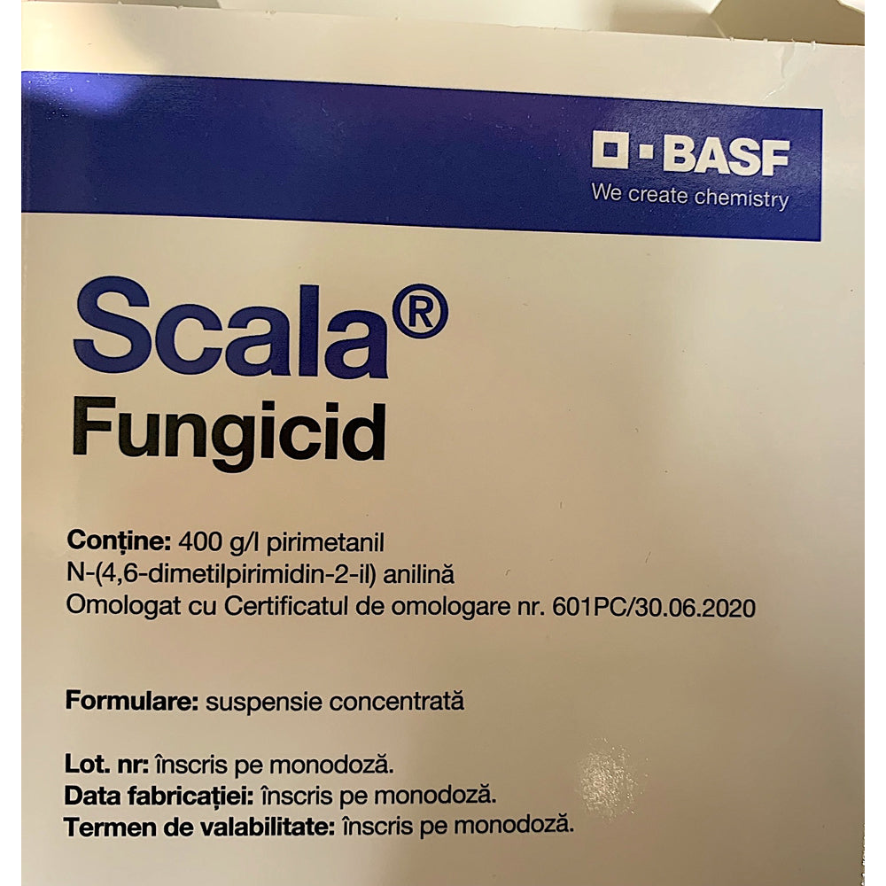 Scala 20 Ml, Fungicid De Contact, Basf, Rapan (Mar, Par, Gutui, Mosmon), Putregai Cenusiu (Vita De Vie, Capsun, Zmeur, Mur, Coacaz, Afin, Agris, Castraveti, Dovlecei, Tomate, Vinete, Ardei, Salata), Alternarioza (Morcov)