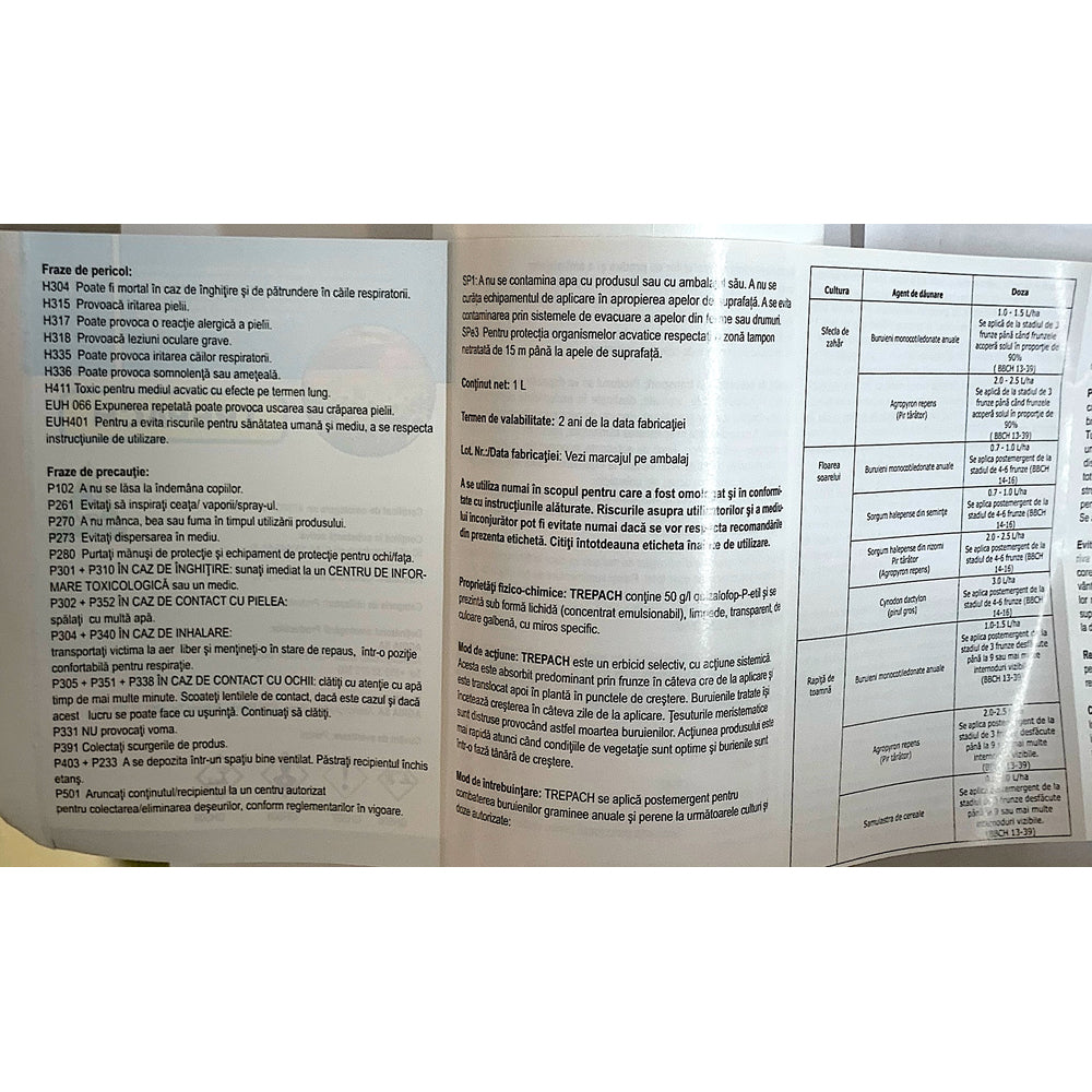 Trepach Ec 1L, Erbicid Sistemic Selectiv, Agria, Sfecla De Zahar (Buruieni Monocotiledonate Anuale, Pir Tarator), Floarea Soarelui Si Rapita (Buruieni Monocotiledonate Anuale Si Perene)
