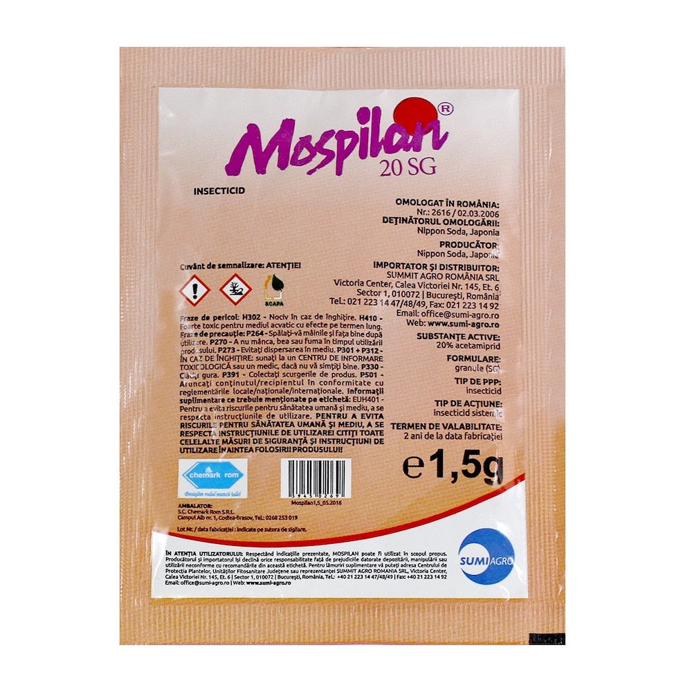 Mospilan 20Sg 1,5 Gr Insecticid Sistemic Nippon Soda (Cartof, Grau, Porumb, Ardei Solarii, Castraveti Solarii, Varza, Ceapa, Mar, Prun, Par, Rapita, Vita De Vie)