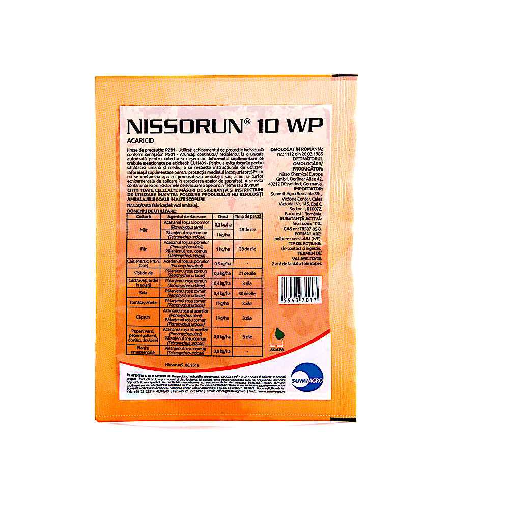 Nissorun 10Wp 5 Gr Acaricid Sistemic Sumiagro, Combate Paianjenii (Actiune Ovicida, Larvicida, Nimfocida In Cultura De Vita De Vie, Ardei, Cais, Capsun, Castraveti, Cires, Dovleac, Mar, Par, Pepeni, Piersic, Prun, Tomate)