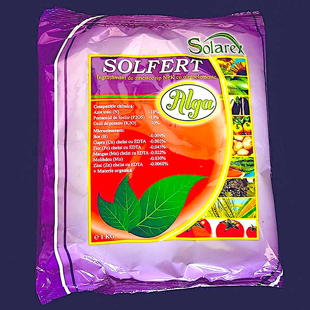 Solfert Alga 18-19-20 1 Kg, Ingrasamant Tip Npk+ Oligoelemente+ Extract De Alge Marine, Solarex, Ajuta La Inradacinare, Imbunatateste Calitatea Si Cantitatea Productiei, Mareste Timpurietatea, Neutralizeaza Aciditatea Din Sol