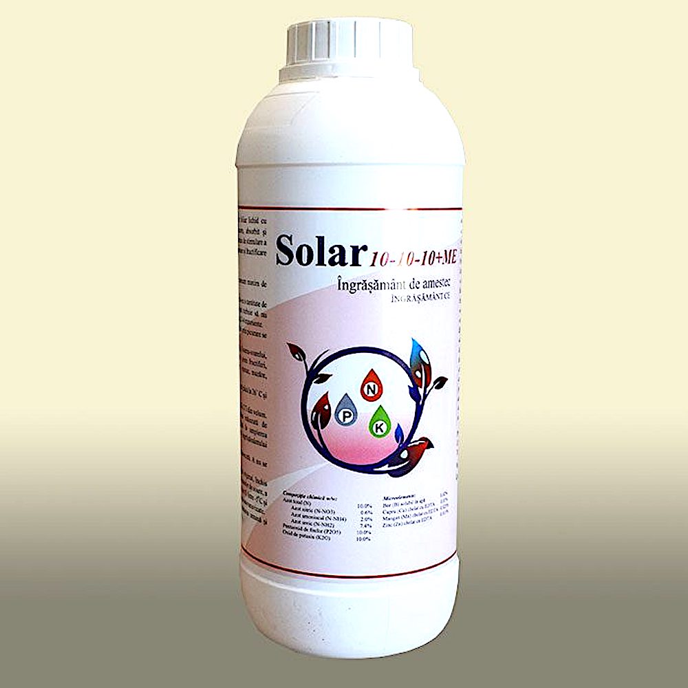Solar 10-10-10+Me 1L, Ingrasamant Foliar/Fertirigare Tip Npk Echilibrat+ Microelemente, Solarex, Ajuta Cresterea Vegetativa Si Fructificarea Abundenta