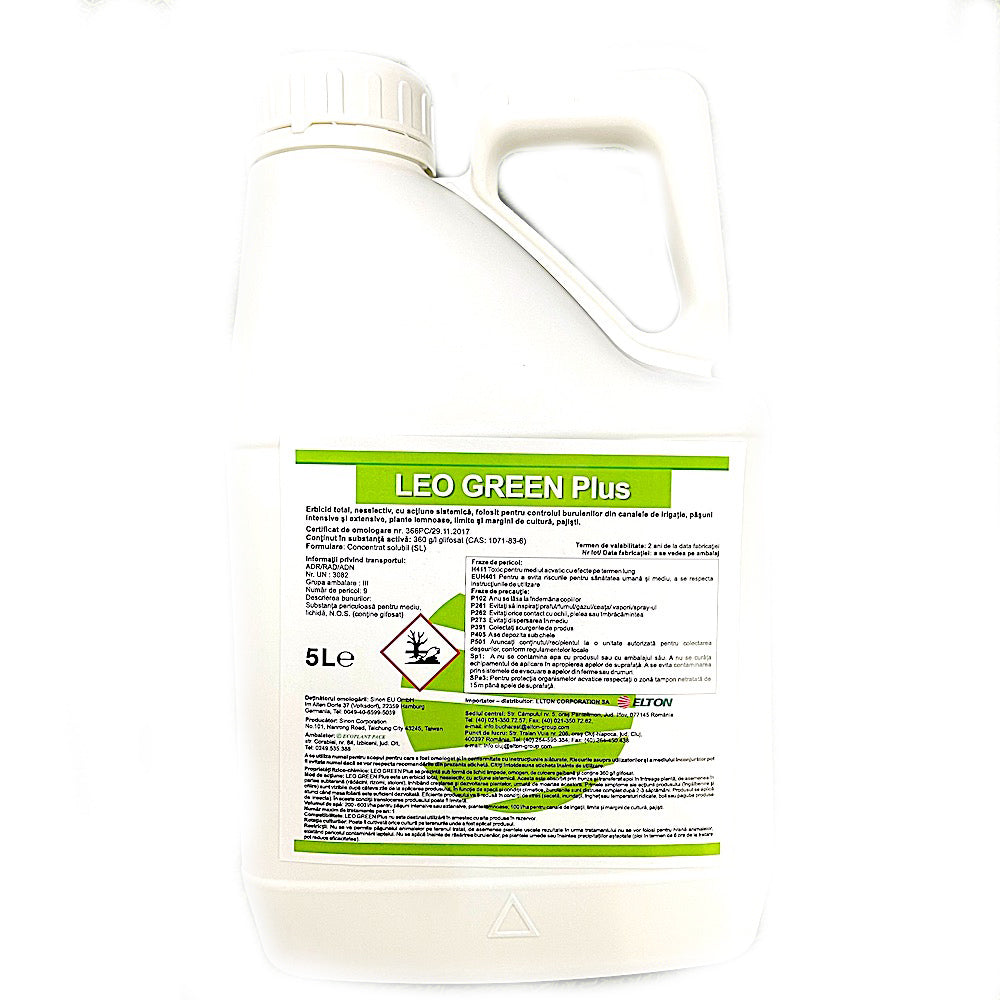 Leo Green Plus 360Sl 5 L, Erbicid Total Sistemic, Post Emergent, Neselectiv, Glifosat (Buruieni Monocotiledonate Si Dicotiledonate, Anuale Si Perene)