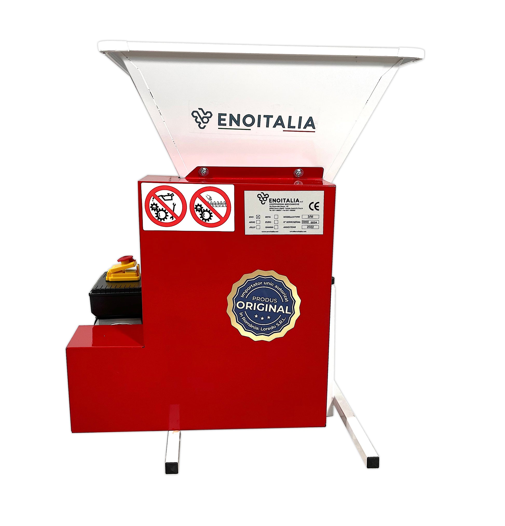 Eno 3 Smalto Cu Motor, Zdrobitor Desciorchinator Struguri, Cu Motor, Enoitalia, Cuva Si Carcasa Din Tabla Smaltuita, Cuva Cu Valturi, Motor 0,75 Kw, Productivitate 1000-1200 Kg/H, Productie Italia 