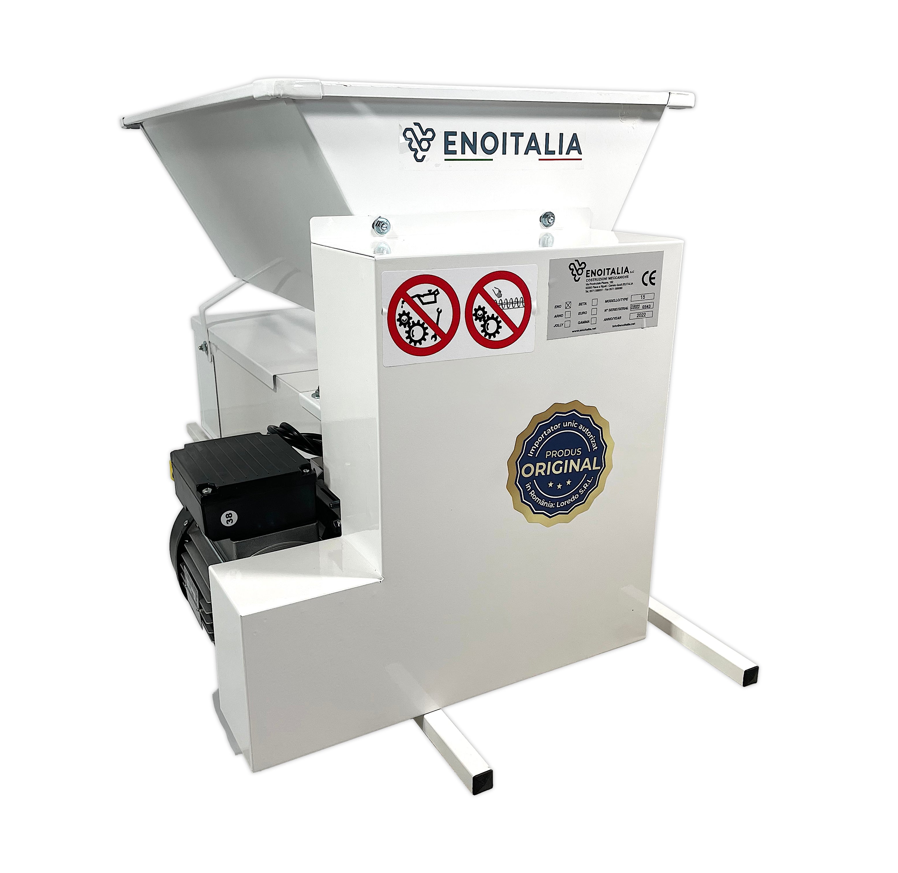 Eno 15 Smalto, Zdrobitor Desciorchinator Struguri, Cu Motor, Enoitalia, Cuva Si Carcasa Din Tabla Smaltuita, Cuva Cu Snec, Motor 0,75Kw, Productivitate 1600-1800 Kg/H, Productie Italia
