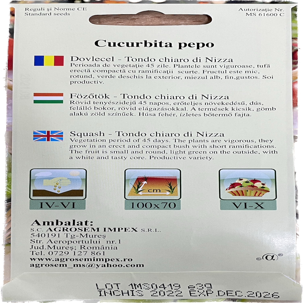 Seminte Dovlecel Tondo Chiaro Di Nizza 3 Gr, Agrosem