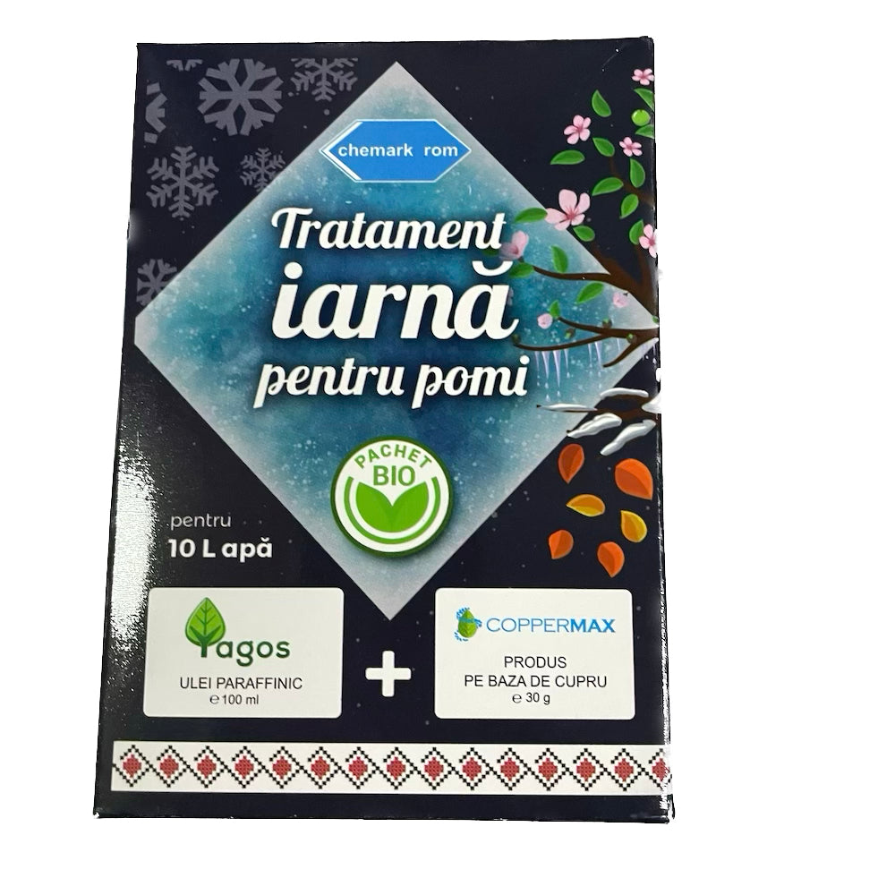 Pachet Bio Tratament Iarna Pomi 10L Apa- Prima Stropire- Chemark, Contine Ulei Minerar De Parafina (Yagos) Si Fungicid Bio (Coppermax)