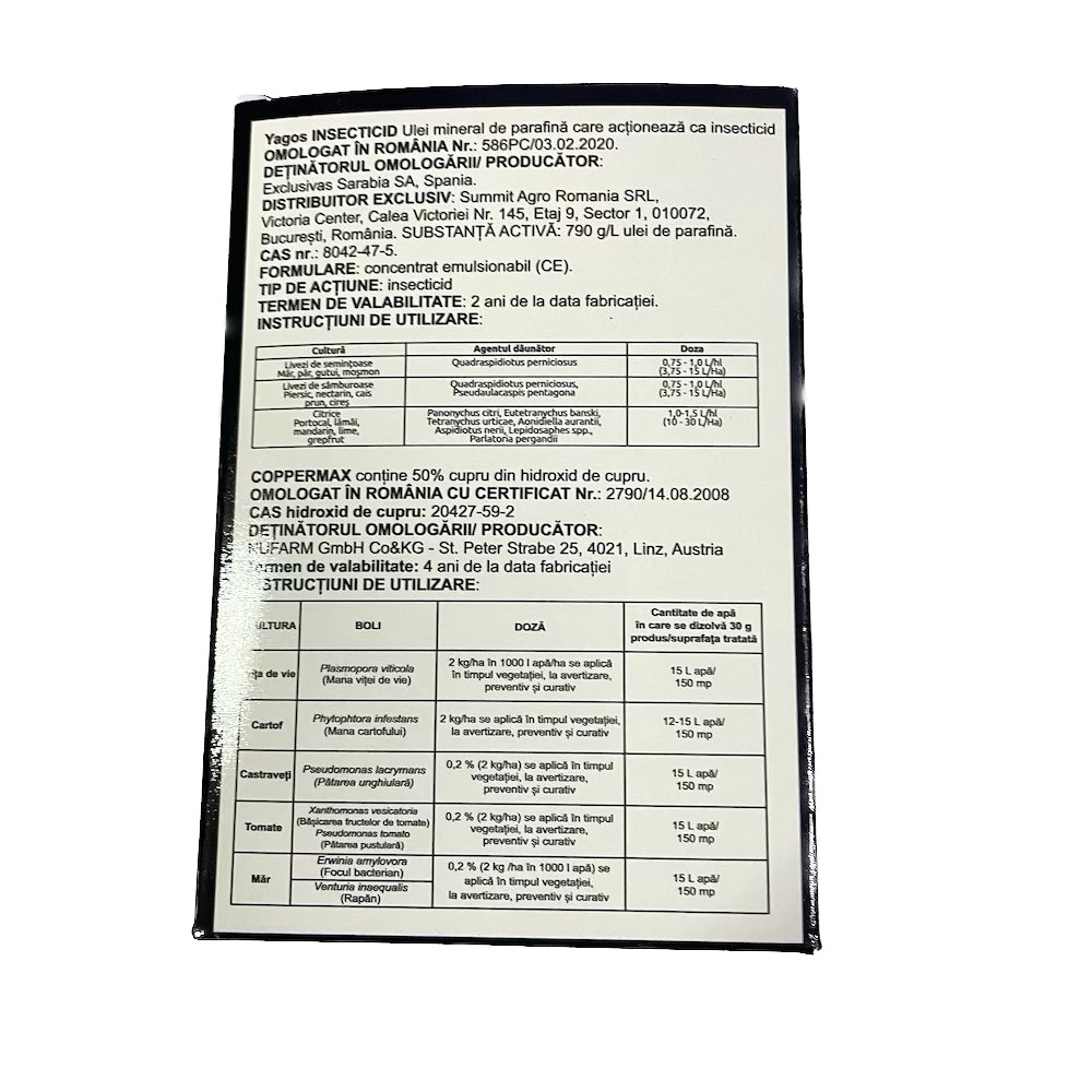 Pachet Bio Tratament Iarna Pomi 10L Apa- Prima Stropire- Chemark, Contine Ulei Minerar De Parafina (Yagos) Si Fungicid Bio (Coppermax)