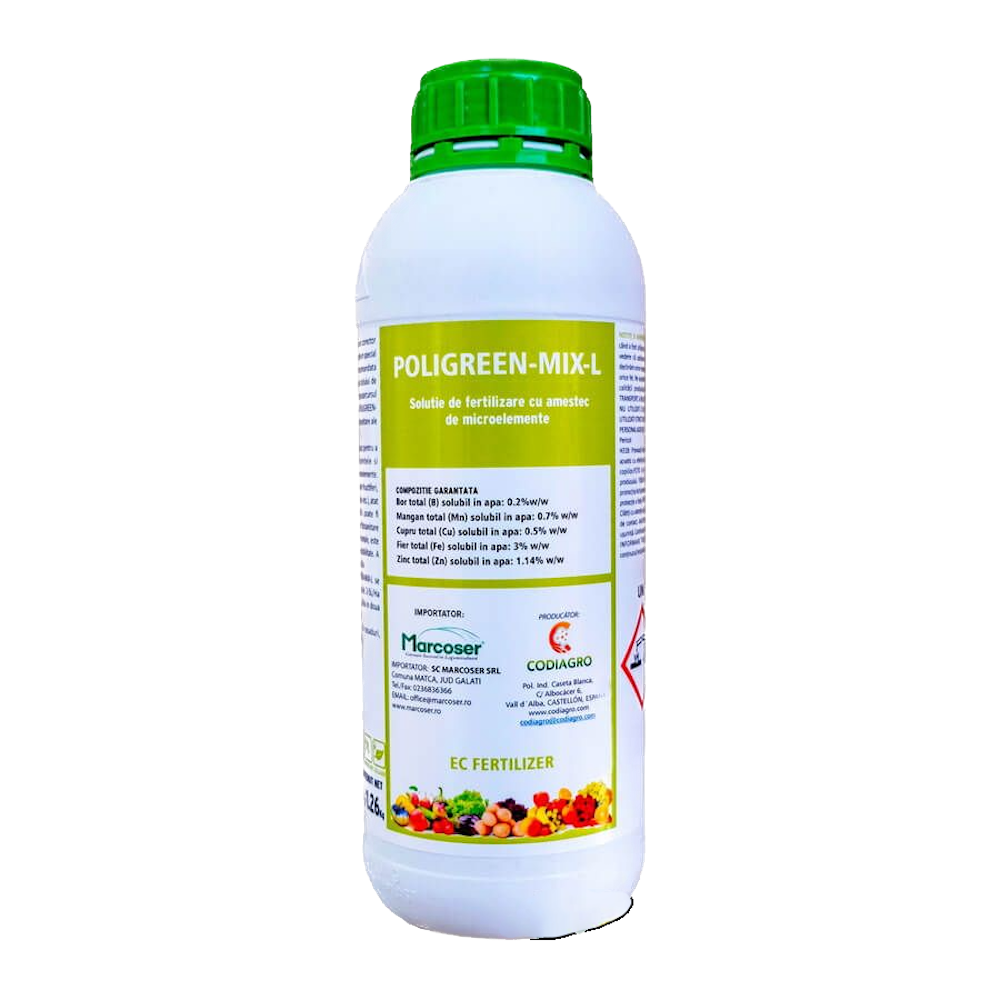 Poligreen Mix-L 100 Ml Fertilizant Lichid Radicular/ Foliar Codiagro Cu Microelemente Bor, Mangan, Cupru, Fier, Zinc (Legume, Plante Ornamentale, Rasaduri, Pomi, Vita De Vie)