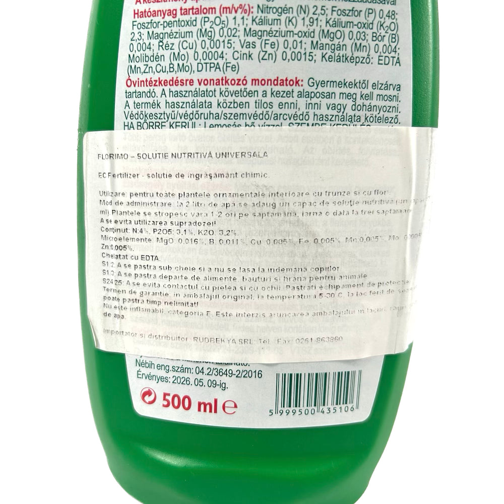 Florimo Solutie Nutritiva Universala 0.5 L, Ingrasamant Foliar Tip Npk+Microelemente