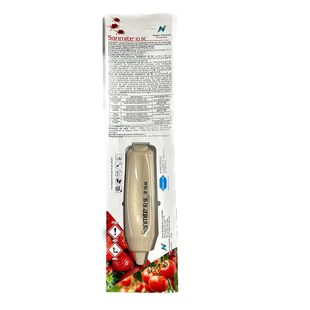 Sanmite 10Sc 15 Ml, Insecticid Acaricid De Contact, Nissan Chemical Corporation Japan; Tomate, Ardei, Vinete, Castraveti, Plante Ornamentale (Acarianul Rosu, Paianjenul Comun, Musculita Alba De Sera, Musculita Alba A Tutunului)