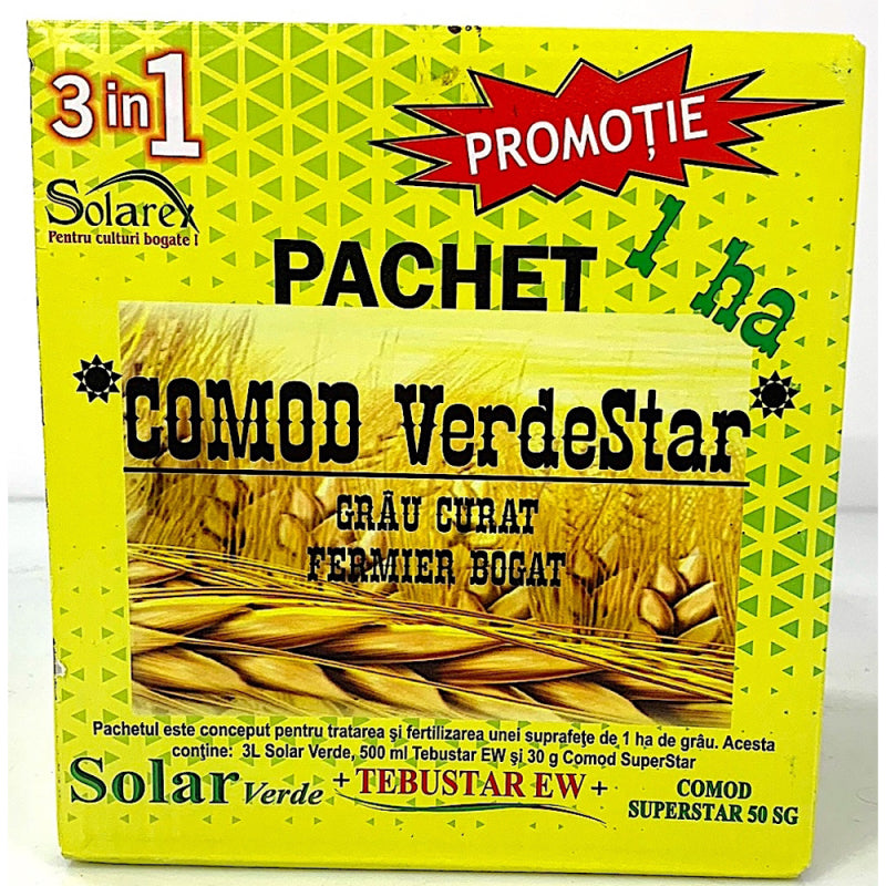 Pachet Comod Verdestar 1Ha, Pentru Grau, Solarex, Pachet Erbicid (Comod Superstar 30 Gr+ Tebustar Ew 500 Ml) + Ingrasamant Foliar (Solar Verde 3L)