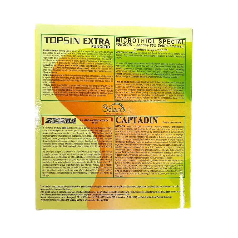Pachet Stropirea 3/4 Pentru Pomi Pentru 10 L Apa, Solarex, (Contine Zebra, Microthiol Special, Topsen Extra, Captadin)