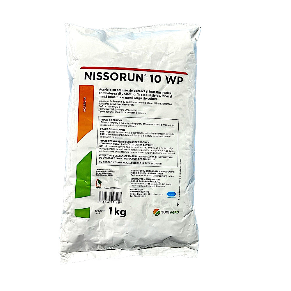 Nissorun 10Wp 1 Kg Acaricid Sistemic Sumiagro, Combate Paianjenii (Actiune Ovicida, Larvicida, Nimfocida In Cultura De Vita De Vie, Ardei, Cais, Capsun, Castraveti, Cires, Dovleac, Mar, Par, Pepeni, Piersic, Prun, Tomate)