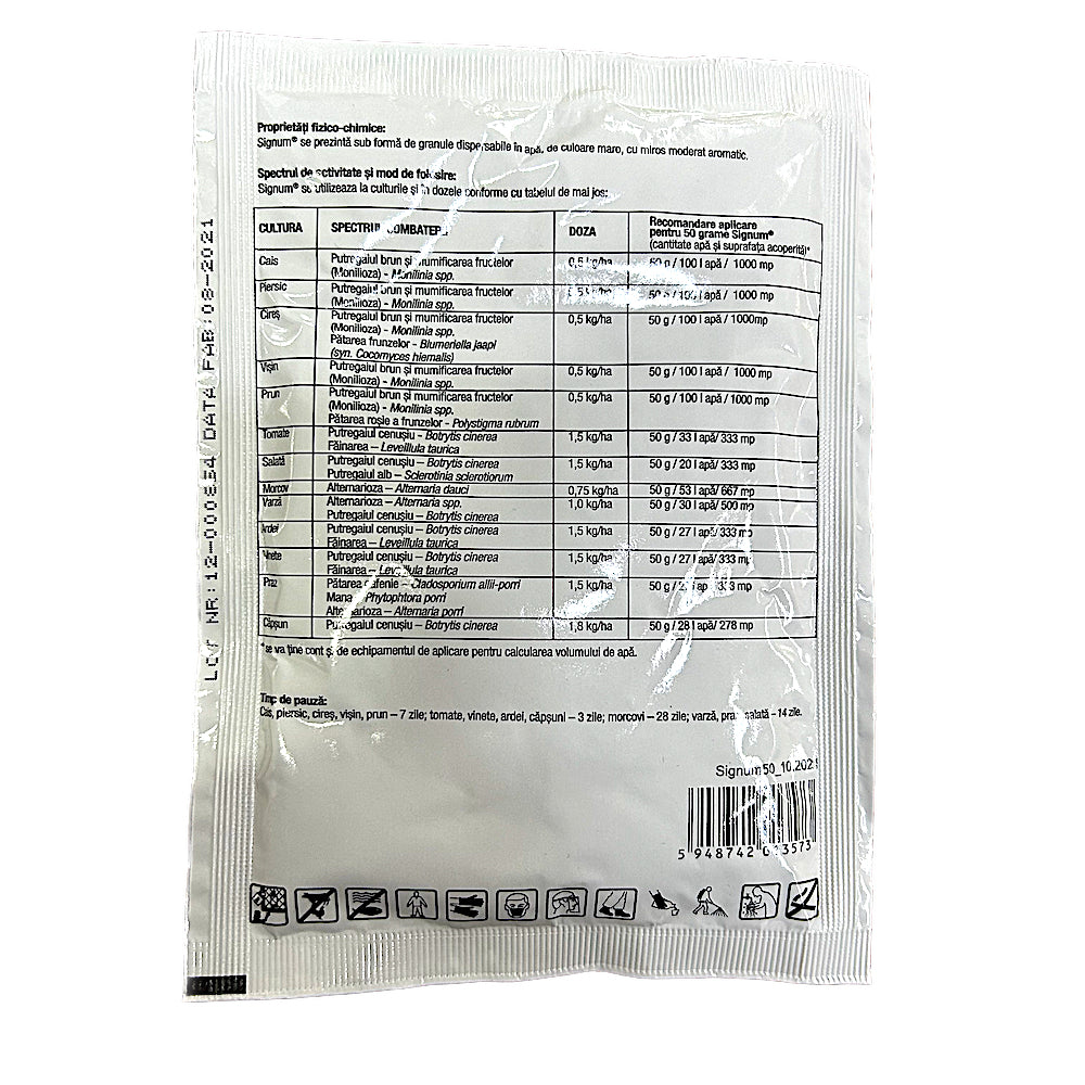 Signum 50 Gr, Fungicid Sistemic, Basf, Putregai Brun Si Mumificarea Fructelor (Cais, Piersic, Cires, Visin, Prun), Putregai Cenusiu Si Fainare (Tomate), Alternarioza (Morcov, Varza), Putregai Cenusiu (Varza, Ardei, Vinete, Praz, Capsun)