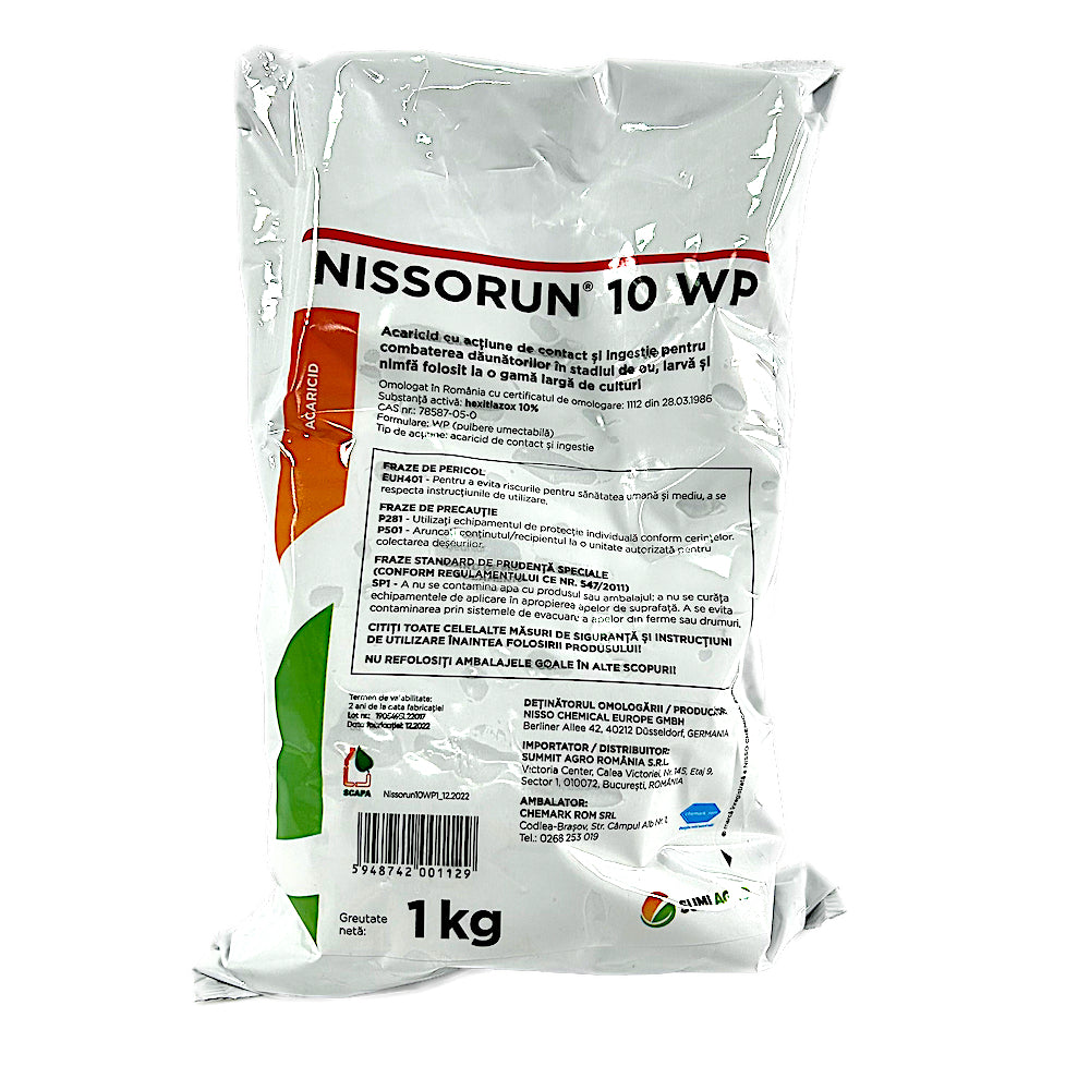 Nissorun 10Wp 1 Kg, Acaricid Sistemic, Combate Paianjenii (Actiune Ovicida, Larvicida, Nimfocida In Cultura De Vita De Vie, Ardei, Cais, Capsun, Castraveti, Cires, Dovleac, Mar, Par, Pepeni, Piersic, Prun, Tomate)