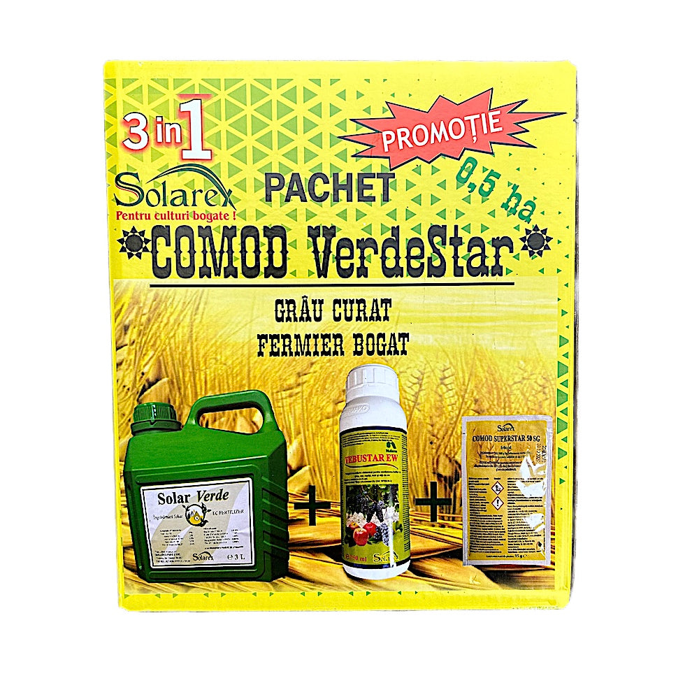 Pachet Comod Verdestar 0.5 Ha, Pentru Grau, Solarex, Pachet Erbicid (Comod Superstar 15 Gr+ Tebustar Ew 250 Ml) + Ingrasamant Foliar (Solar Verde 3L)