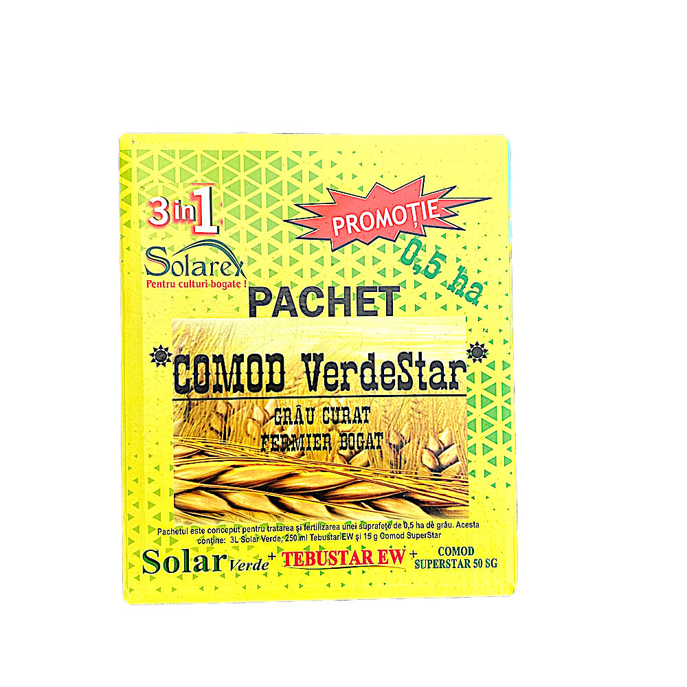 Pachet Comod Verdestar 0.5 Ha, Pentru Grau, Solarex, Pachet Erbicid (Comod Superstar 15 Gr+ Tebustar Ew 250 Ml) + Ingrasamant Foliar (Solar Verde 3L)
