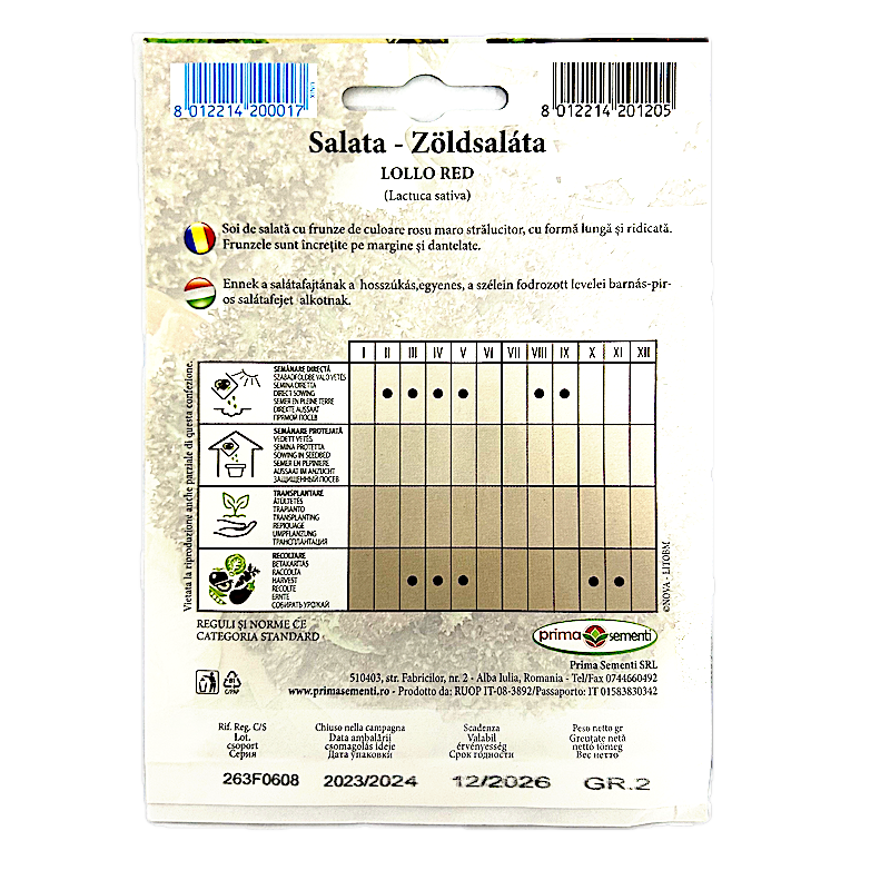 Seminte Salata Lollo Red 2 Gr, Prima Sementi