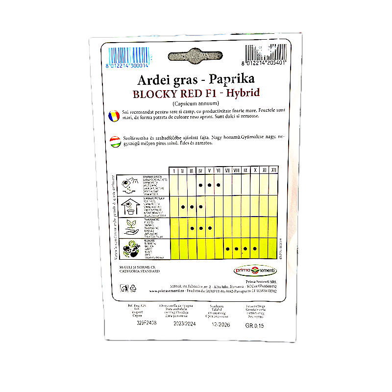 Seminte Ardei Gras Blocky Red F1 0,15 Gr, Prima Sementi