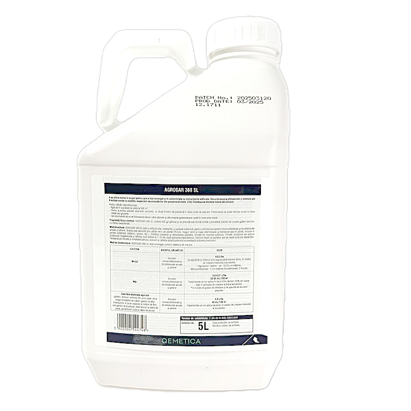 Agrosar 360Sl 5L, Erbicid Total Sistemic, Post Emergent, Neselectiv, Glifosat (Buruieni Monocotiledonate Si Dicotiledonate, Anuale Si Perene)