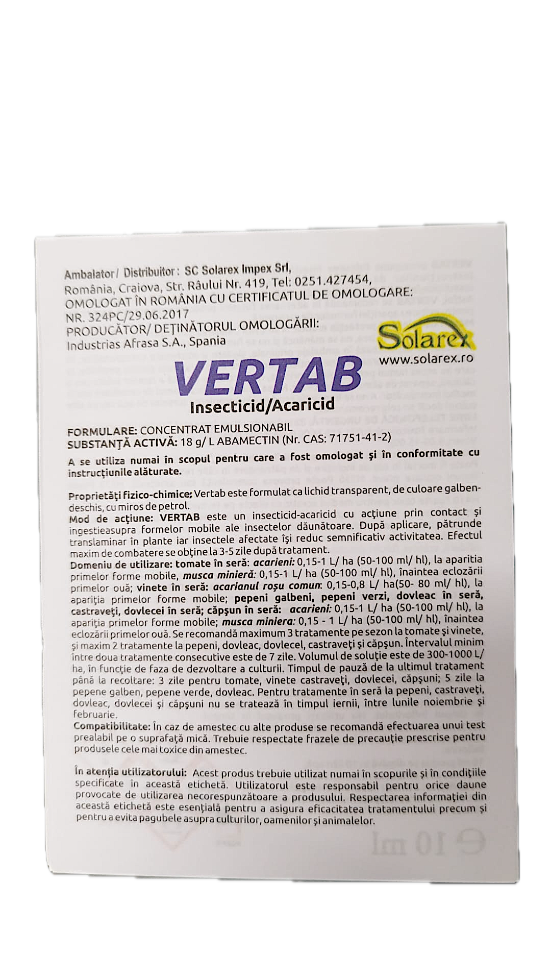Vertab 10 Ml, Insecticid Acaricid De Contact Si Ingestie, Afrasa (Vita De Vie, Mar, Par, Piersic, Tomate, Vinete, Salata, Pepeni, Dovleac, Dovlecei, Castraveti, Capsuni)