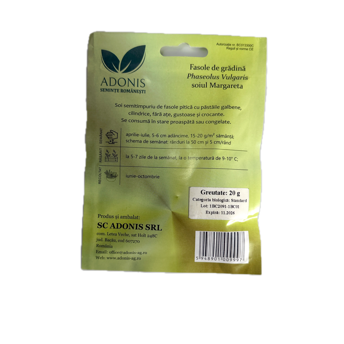Seminte fasole oloaga galbena fideluta Margareta 20 gr, Adonis