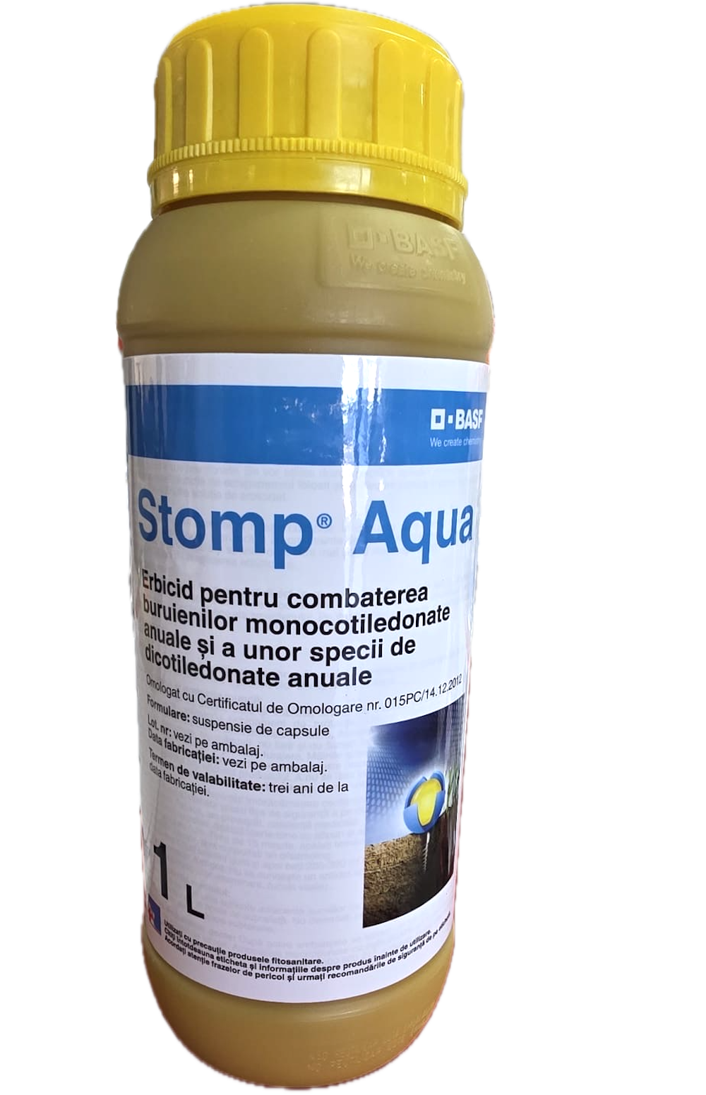 Stomp Aqua 1L, erbicid preemergent selectiv, BASF, combate buruienile monocotiledonate anuale si unele dicotiledonate anuale in culturile de porumb, floarea soarelui, grau, ceapa, vita de vie, pomi fructiferi, tomate, orz, cartof
