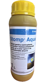 Stomp Aqua 1L, erbicid preemergent selectiv, BASF, combate buruienile monocotiledonate anuale si unele dicotiledonate anuale in culturile de porumb, floarea soarelui, grau, ceapa, vita de vie, pomi fructiferi, tomate, orz, cartof
