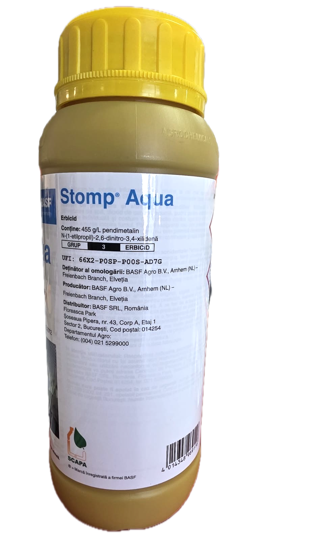 Stomp Aqua 1L, erbicid preemergent selectiv, BASF, combate buruienile monocotiledonate anuale si unele dicotiledonate anuale in culturile de porumb, floarea soarelui, grau, ceapa, vita de vie, pomi fructiferi, tomate, orz, cartof