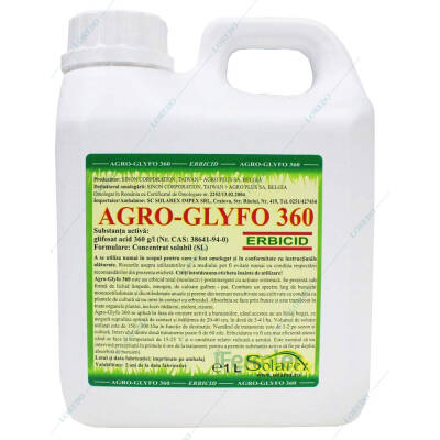 Agro Glyfo 360 1L, erbicid total sistemic, post emergent, neselectiv, glifosat (buruieni monocotiledonate si dicotiledonate, anuale si perene)