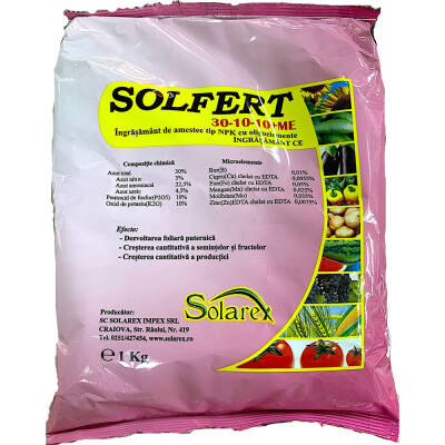 Solfert 30-10-10 1kg, ingrasamant foliar tip NPK+microelemente, Solarex, ajuta dezvoltarea foliara, crestere cantitativa a productiei