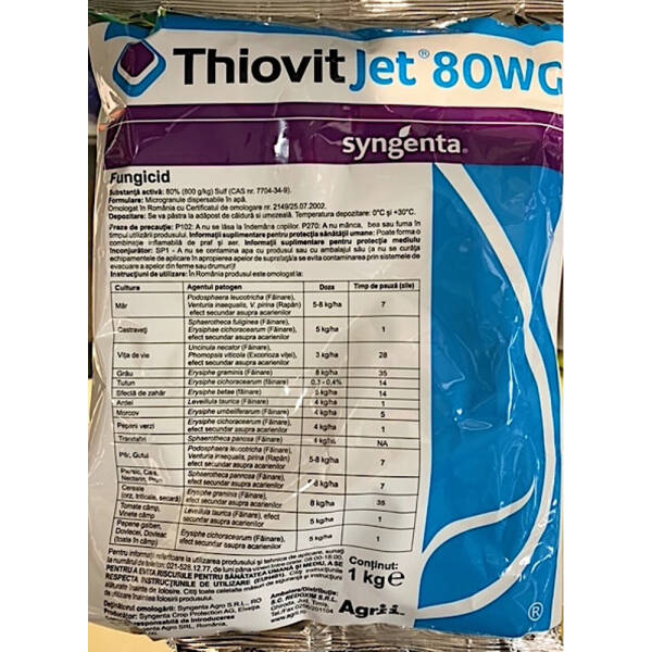 Thiovit Jet 80WG 1 kg, fungicid de contact pe baza de Sulf, Syngenta, fainare (ardei, cais, castraveti, orz, triticale, secara, dovleac, mar, morcov, nectarin) Fungicide 2023-09-27