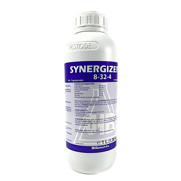 Synergizer 8-32-4 1L, ingrasamant foliar tip NPK+ microelemente (Fier, Mangan, Zinc, Acizi humici) pentru grau, orz, prun, piersic, cires, mar, par, vita de vie, cartof, tomate, ardei, lucerna