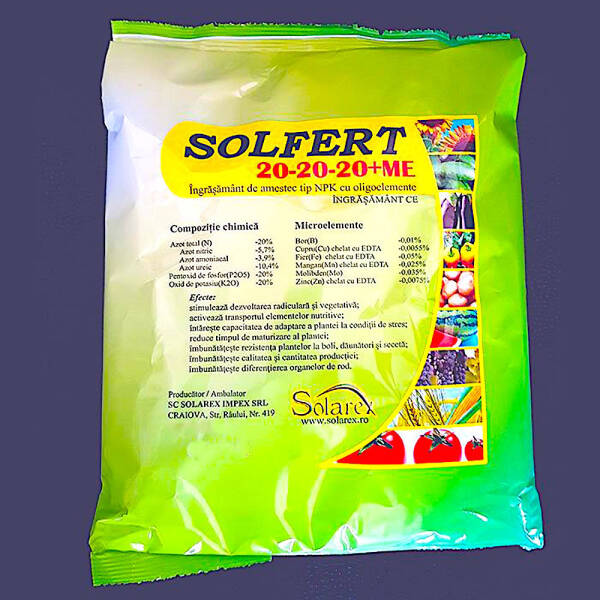solfert 20 20 20+me Solfert 20-20-20+ME 20 kg, ingrasamant foliar echilibrat tip NPK+ microelemente (Bor, Cupru, Fier, Mangan, Molibden, Zinc), stimuleaza dezvoltarea rad