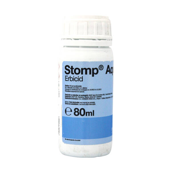 Stomp Aqua 80 ml, erbicid preemergent selectiv, BASF, combate buruienile monocotiledonate anuale si unele dicotiledonate anuale in culturile de porumb, floarea soarelui, grau, ceapa, vita de vie, pomi fructiferi, tomate, orz, cartof