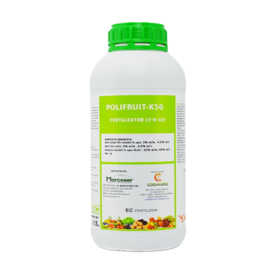 Polifruit-K50 1L fertilizant lichid foliar/ radicular N-K 3-32 Codiagro, marirea rapida a fructelor, imbunatatirea culorii / cresterea cantitatii de glucide in fructe/ rezistenta la frig (legume, pomi, vita de vie, capsun, citrice, maslin)